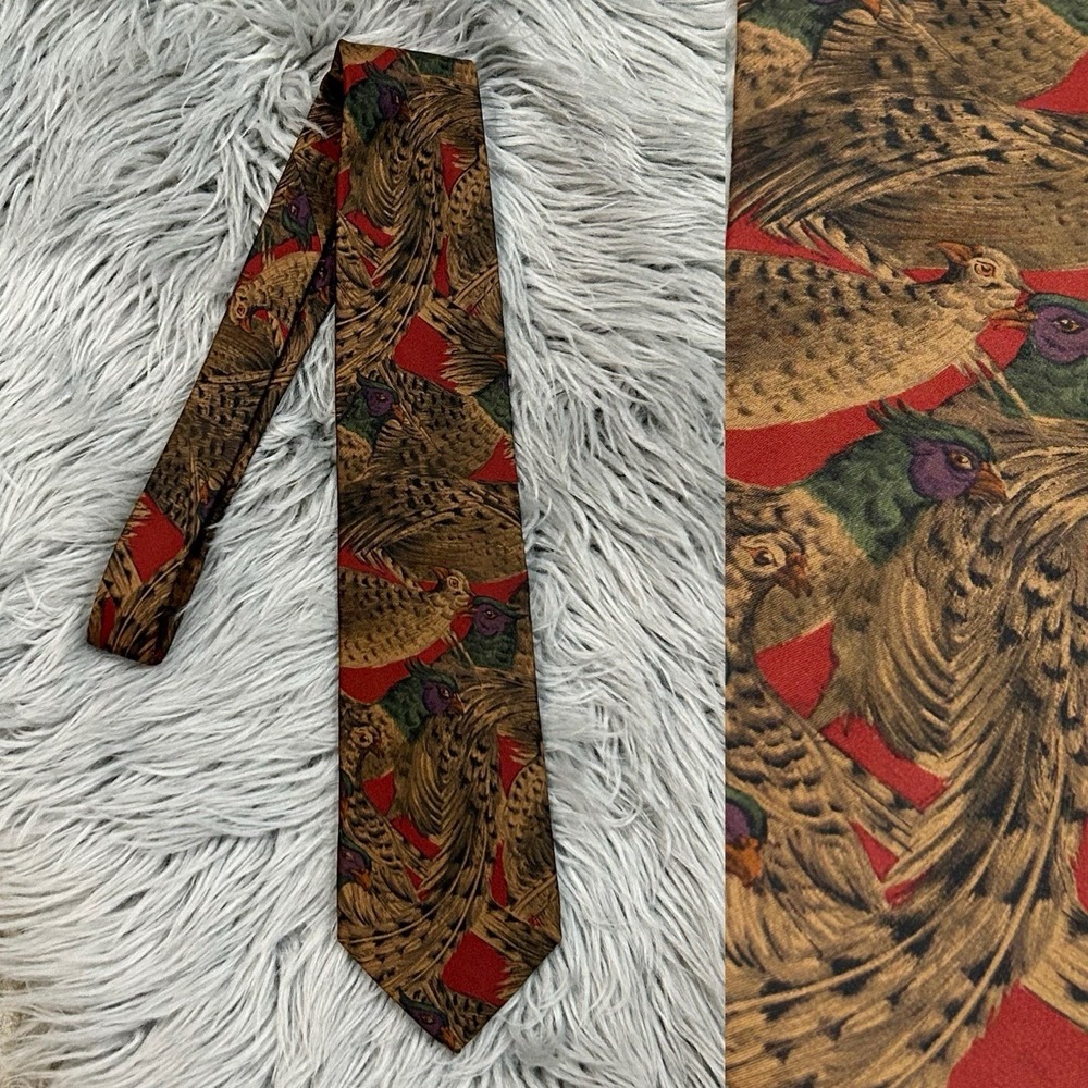 Lands End Mens Hand Printed Pheasant Designed 100% Silk Necktie USA MADE